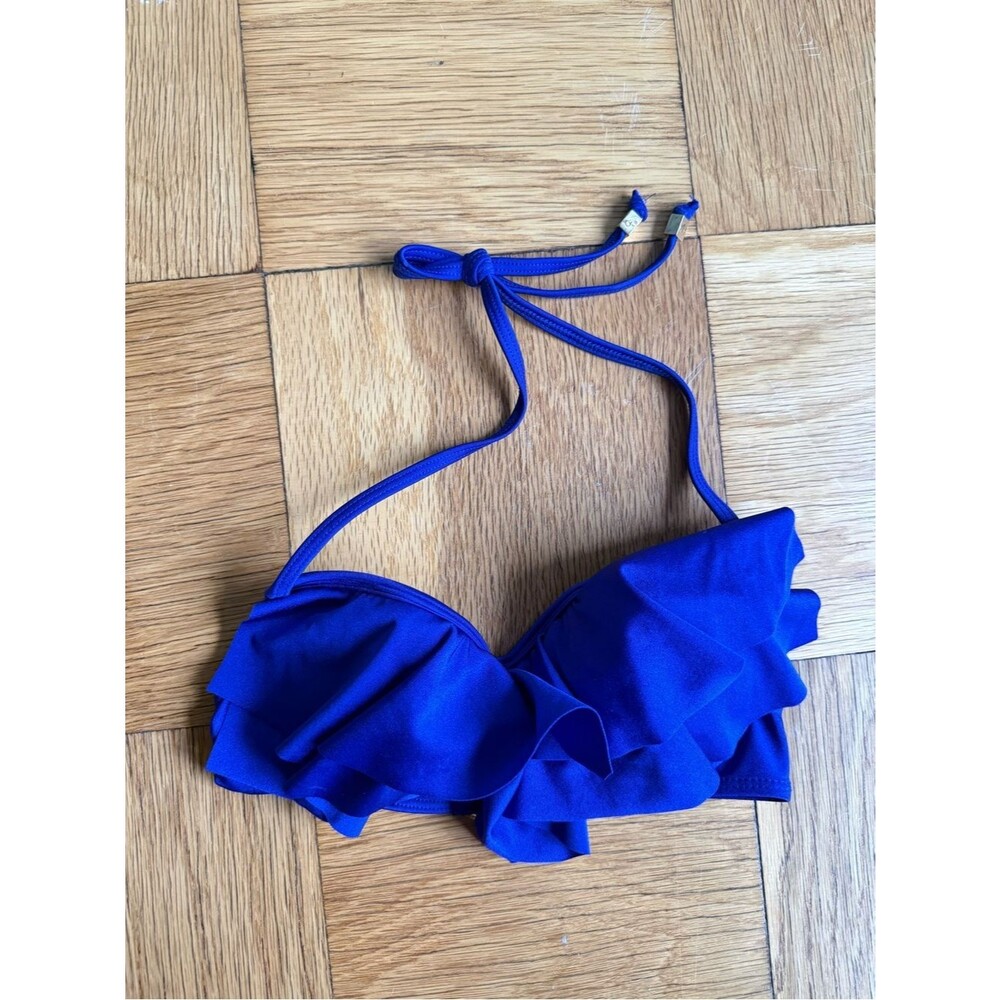 NWOT Shoshanna Swimwear Colbalt Blue Underwire Halter Bikini Top w/ Ruffle, Sz B